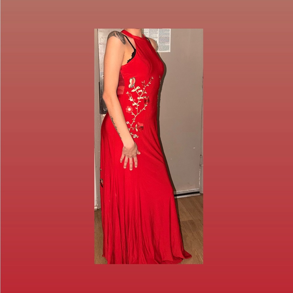 B. Smart One Shoulder Red Dress with Floral Design